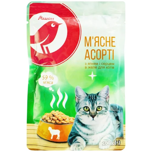 Корм вологий Auchan М'ясне асорті з ягням та серцем для котів 100г