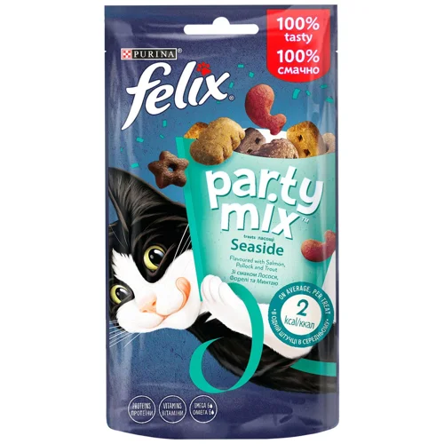 Ласощі для котів Felix Party Mix Морський Мікс з лососем, фореллю та минтаєм 60г