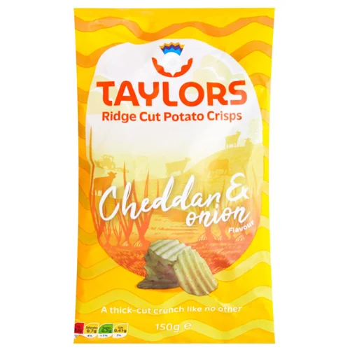 Чипси Taylors картопляні зі смаком чеддера та цибулі рифлені 150г