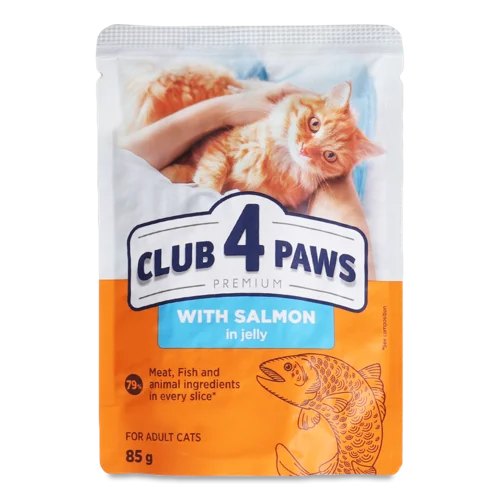 Корм Консервований Для Дорослих Котів З Лососем у Желє Premium Club 4 Paws, з/б 85г