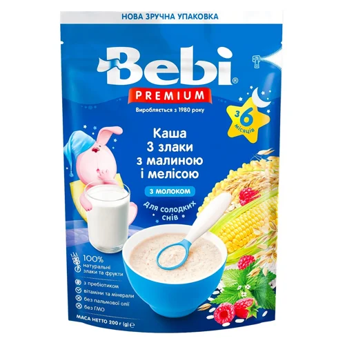 Каша Bebi Premium 3 злака з малиною і мелісою для дітей з 6 місяців 200г