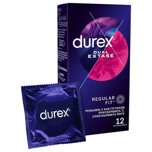 Презервативи Durex Dual Extase латексні з силіконовою змазкою рельєфні з анестетиком 12шт