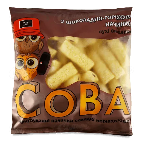 Палички кукурудзяні «Сова» Кукурудзяна насолода з шоколадно-горіховою начинкою 115г