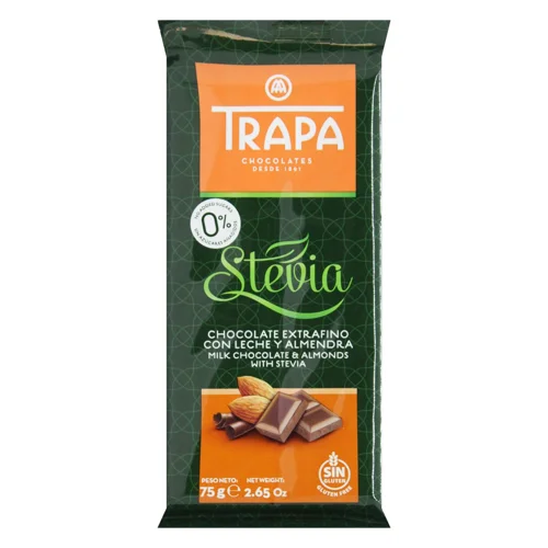 Шоколад молочний Trapa Stevia з мигдалем і стевією без цукру 75г