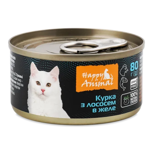 Корм Консервований Повнораціонний Для Дорослих Котів Та Кошенят, Курка З Лососем В Желє, З/б 80г