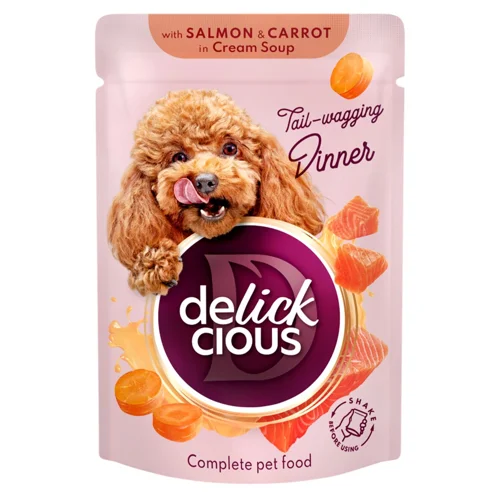 Корм вологий Delickcious Смужки з лососем та морквою для собак 85г