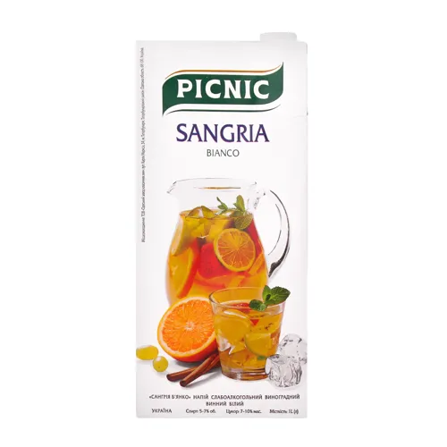 Напій слабоалкогольний 1л 5-7% виноградний винний білий Picnic Sangria Bianco т/п