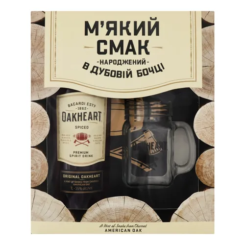 Набір 1л 35% напій лікеро-горілчаний на основі рому Oakheart Original та бокал скляний з логотипом 1шт к/у