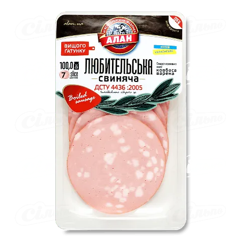 Ковбаса Алан Любительська свиняча варена нарізана 100г