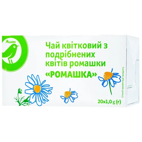 Чай квітковий Auchan з подрібнених квітів ромашки в пакетиках 20шт*1г