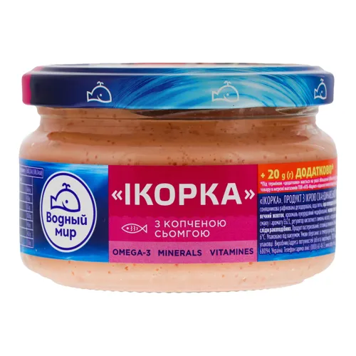 Продукт з ікрою скандинавської риби та копченою сьомгою Ікорка Водний Світ с/б 180г