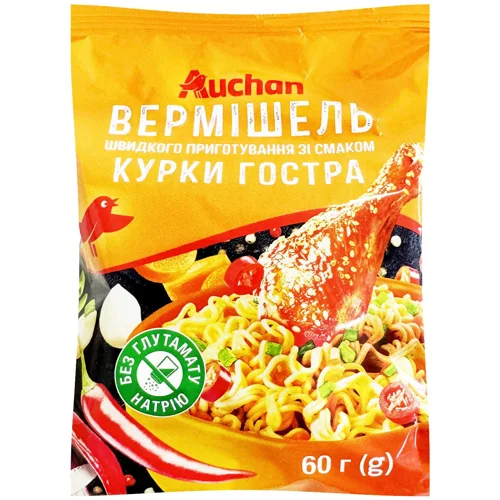 Вермішель Auchan зі смаком курки гостра швидкого приготування 60г