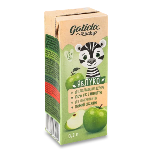 Сік Гомогенізований Стерилізований З М'якоттю Яблуко Для Дітей Від 12 Міс, т/п 0.2л