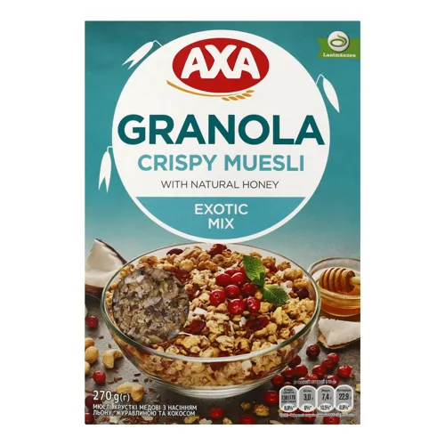 Мюслі хрусткі медові з насінням льону, журавлиною та кокосом Axa к/у 270г