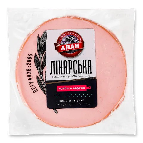 Ковбаса «Алан» «Лікарська» варена натуральна оболонка вищого ґатунку, малий вакуум, кг