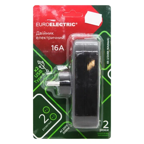 Двійник мережевий Euroelectric чорний із заземленням 2хUSB 16А