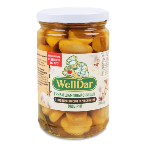 Гриби Шампіньйони Цілі Відбірні З Соєвим Соусом Та Часником, с/б 300г