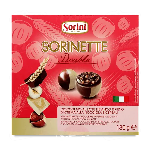 Цукерки Sorini фундук-злаки білий/молочний шоколад, 180г