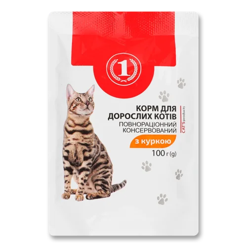 Корм Консервований Повнораційний Для Дорослих Котів З Куркою, В/ґ, З/б, 100г