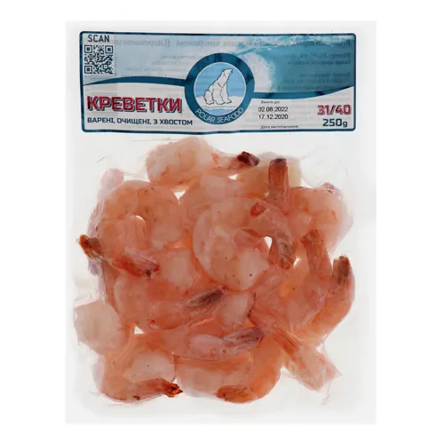Креветки Polar Seafood варено-морожені очищені з хвостом 31/40 250г