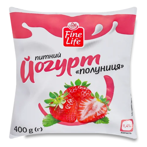Йогурт Питний 1.4% з Фруктовим Наповнювачем Полуниця Fine Life, Пастеризований, м/у 400г