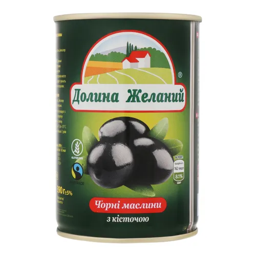 Маслини чорні з кісточкою Долина Желаний з залізній банці 425мл