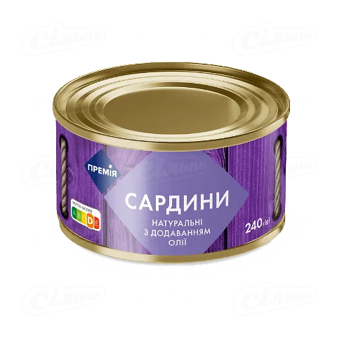 Сардина «Премія» натуральна з додаванням олії, 240г