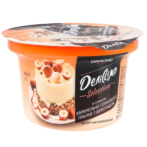 Десерт кисломолочний Деліссімо карамельно-горіхове праліне з шоколадом 5% 180г