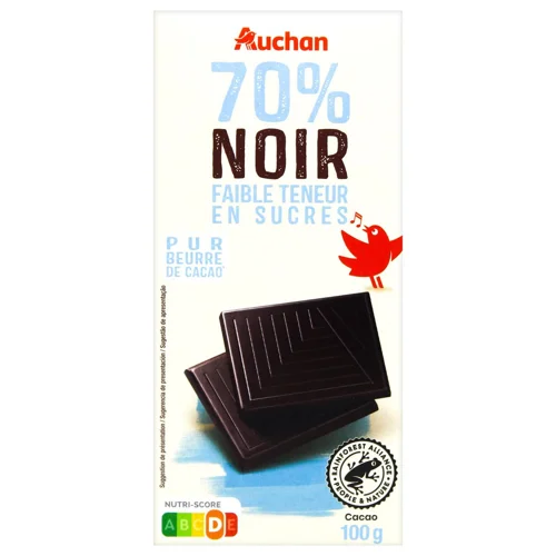 Шоколад чорний Auchan з низьким вмістом цукру 70% 100г