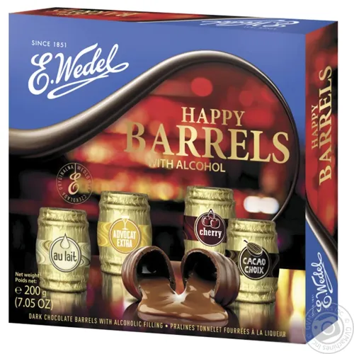 Цукерки E.Wedel Щаслива бочка шоколадні з алкогольною начинкою 200г
