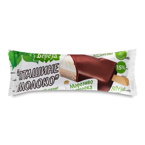Морозиво Пломбір 15% Вершкова Глазурь Пташине Молоко Біла Береза, м/у 80г