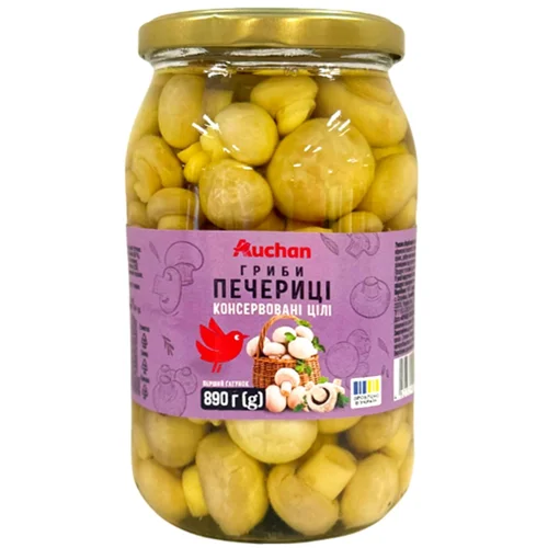 Печериці Auchan цілі консервовані 890г