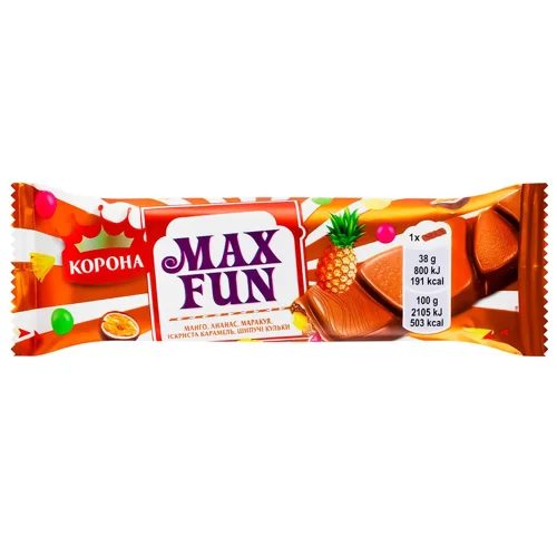 Шоколад молочний Корона Max Fun манго-ананас-маракуйя-іскриста карамель-шипучі кульки 38г
