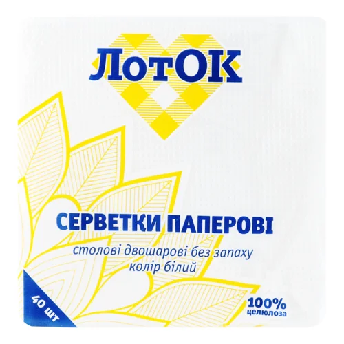 Серветки ЛотОК Білі Одношарові, 25x25см, 40шт, в/к