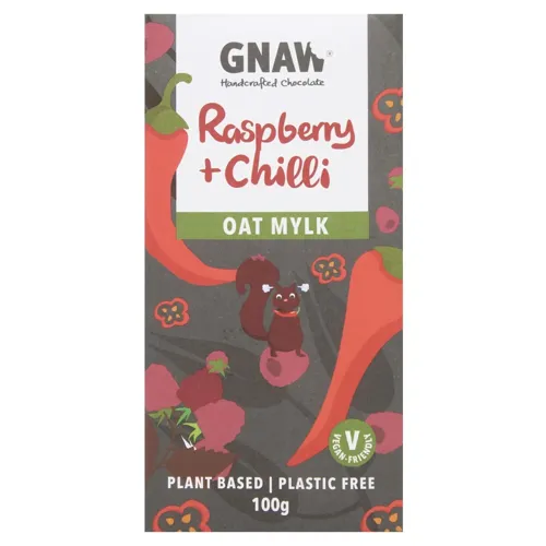 Шоколад Gnaw з вівсяного молока, ароматом малини та чилі 100г