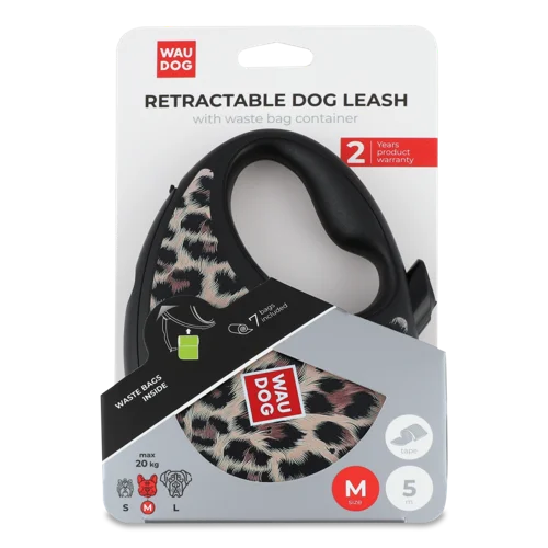 Повідець-рулетка для собак до 20 кг R-leash з контейнером для пакетів, леопард, світловідбиваюча стрічка, 5 м, WauDog