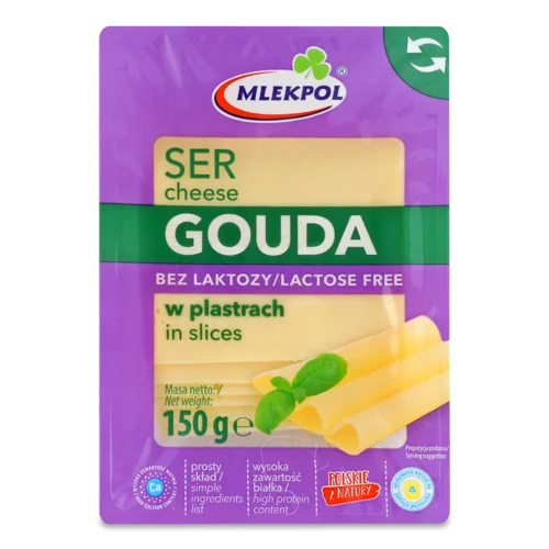 Сир Mlekpol Гауда Безлактозний, В/ґ, 45%, 150г