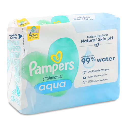 Дитячі Вологі Салфетки Pampers Harmonie Aqua 4 уп., 192 шт.