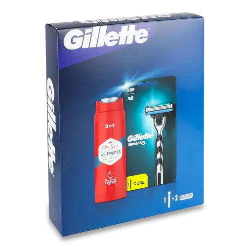 Косметичний Набір: Бритва Mach3 Gillette зі змінними касетами, Гель для душу та шампунь Whitewater Old Spice 250мл, 1шт