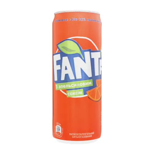 Напій безалкогольний сильногазований з апельсиновим соком Fanta з/б 0.33л