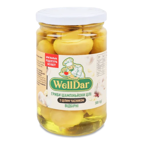 Гриби Шампіньйони Цілі Вищого Ґатунку З Цілим Часником С/Б 300г
