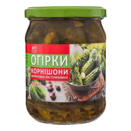 Корнішони консервовані мариновані Хіт продукт с/б 475г