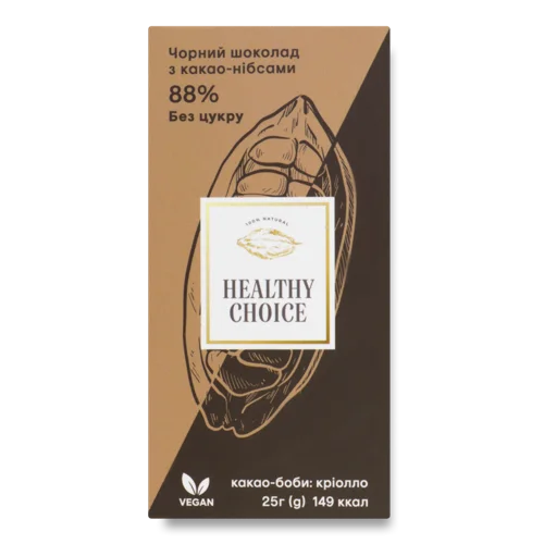 Шоколад 88% Чорний Без Цукру З Какао-Нібсами, к/у 25г