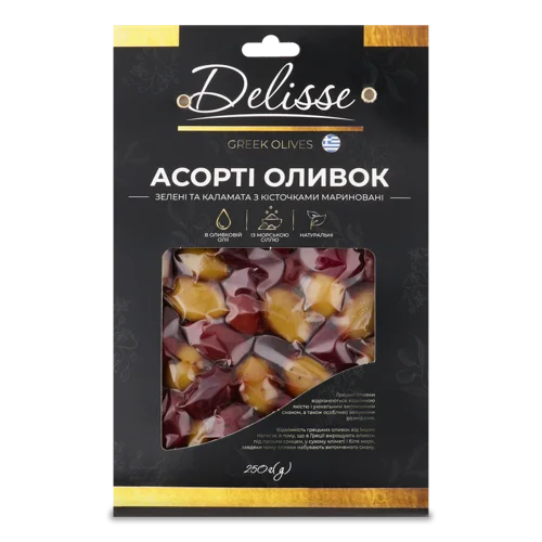 Асорті Оливок Зелені Та Каламата З Кісточками Мариновані Delisse, к/у 250г