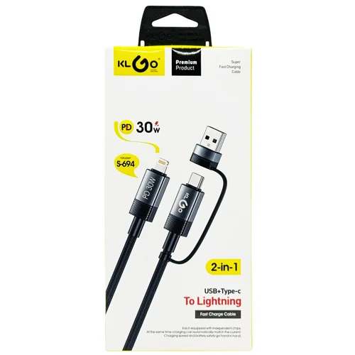 Кабель Klgo для передачі даних 2в1 USB + Type-C to Lightning 30W S-694