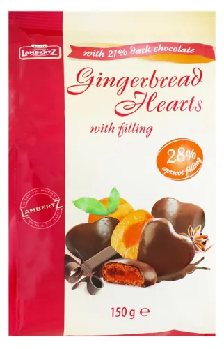 Пряники з абрикосовою начинкою покриті темним шоколадом Gingerbread Hearts Lambertz м/у 150г