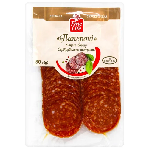 Ковбаса Fine Life Папероні сирокопчена вищий сорт нарізка 80г