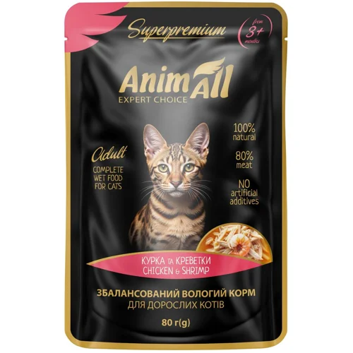 Корм вологий AnimAll Курка та креветки для дорослих котів 80г