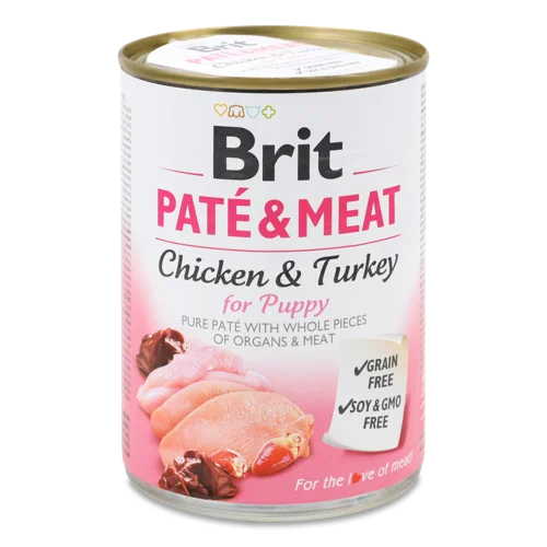 Вологий Повнораціонний Корм для Молодих Собак та Цуценят Chicken&Turkey Pate&Meat Brit з/б, 400г