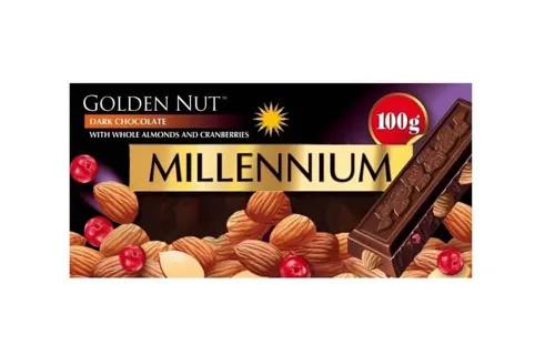 Шоколад “Millennium Gold” чорний з цілим мигдалем та журавлиною 100г
